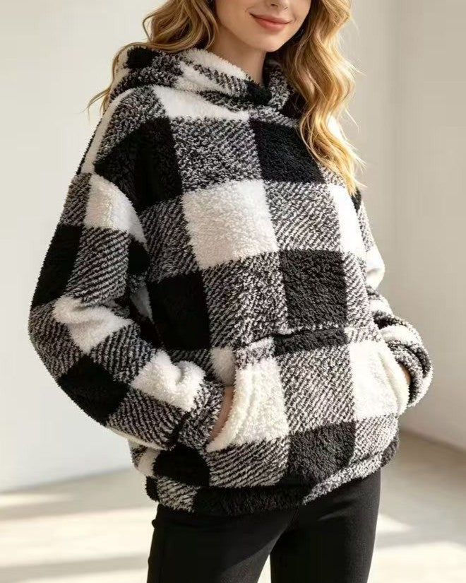 Buffalo Check Sherpa Pullover Sweatshirt - Black - 1