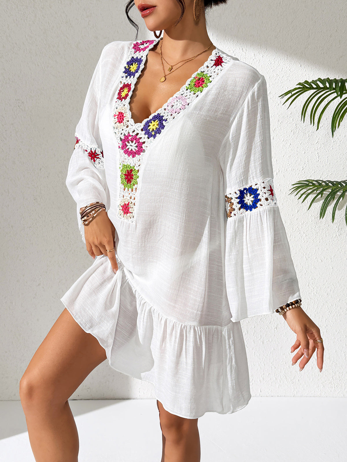Crochet Trim Bell Sleeve Ruffle Mini Dress - White
