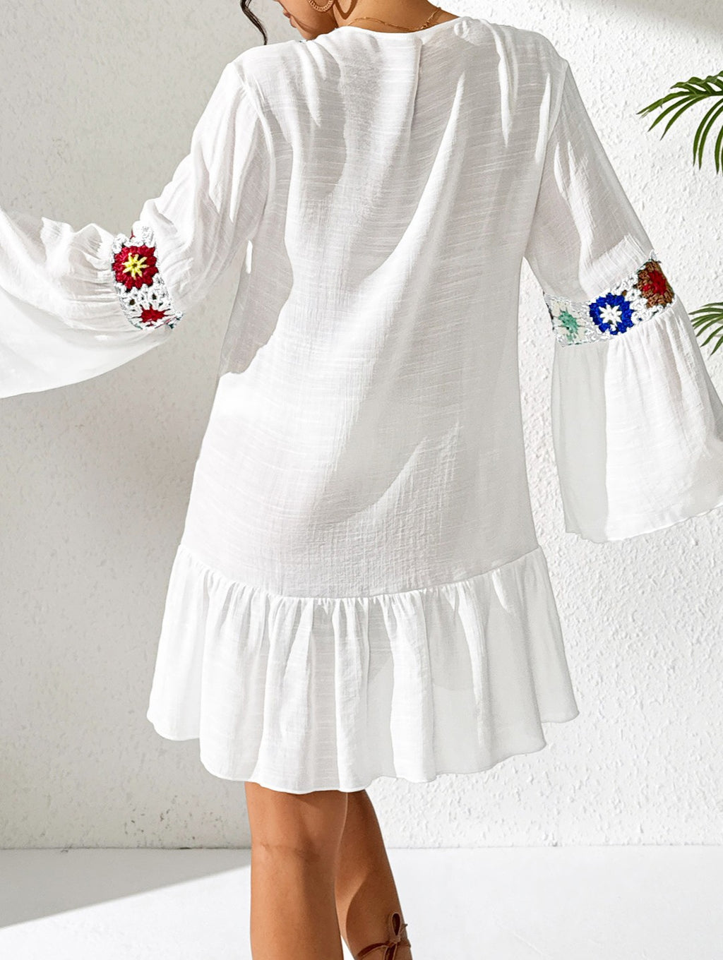 Crochet Trim Bell Sleeve Ruffle Mini Dress - White - 1