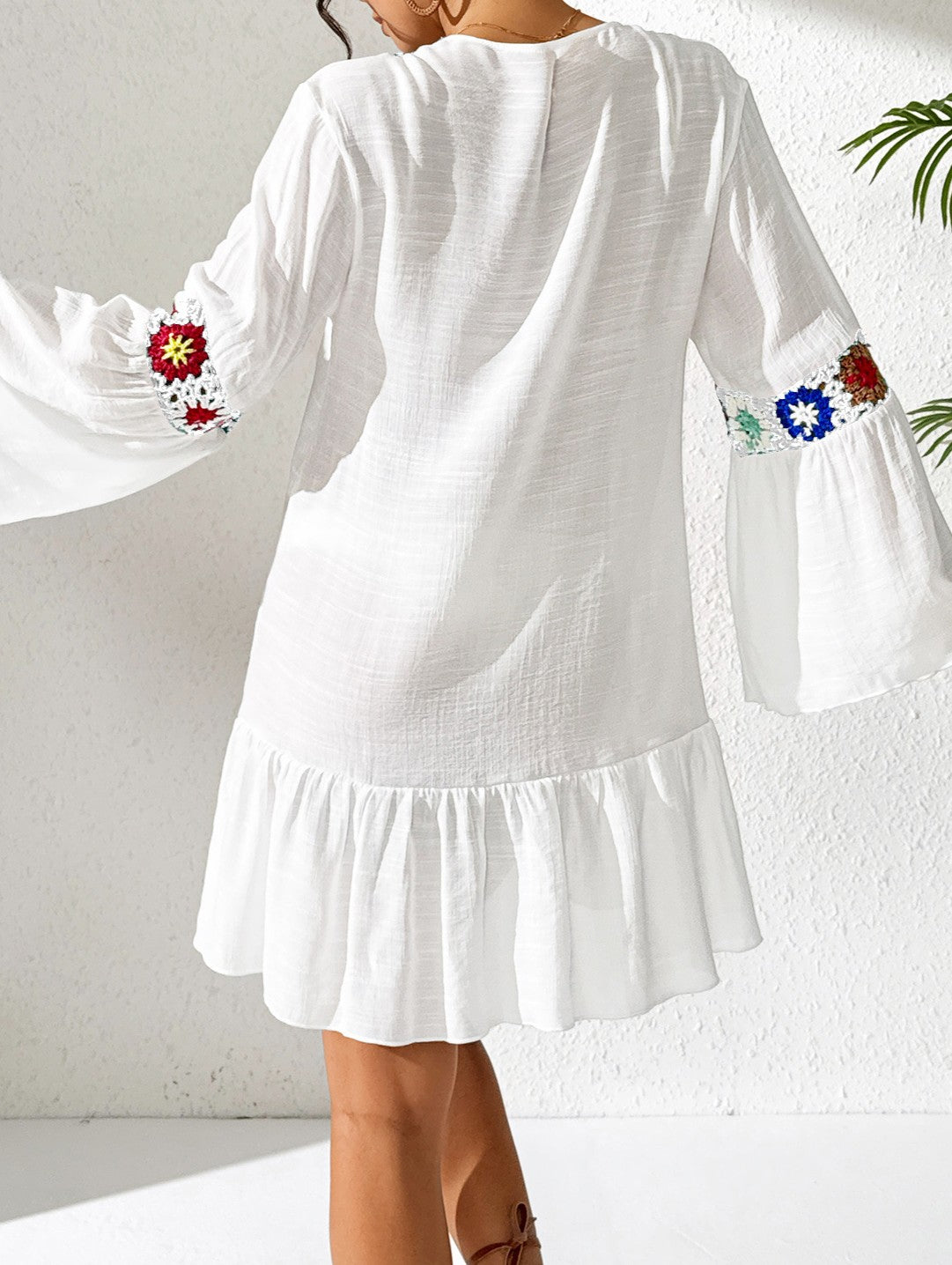 Crochet Trim Bell Sleeve Ruffle Mini Dress - White - 1