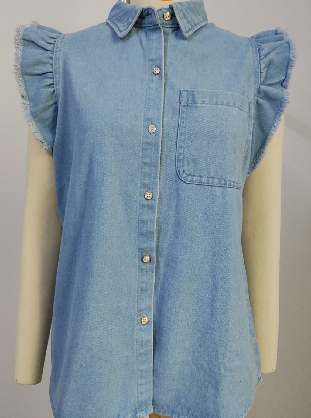 Ruffle Sleeve Denim Button Down Shirt - Blue - 4