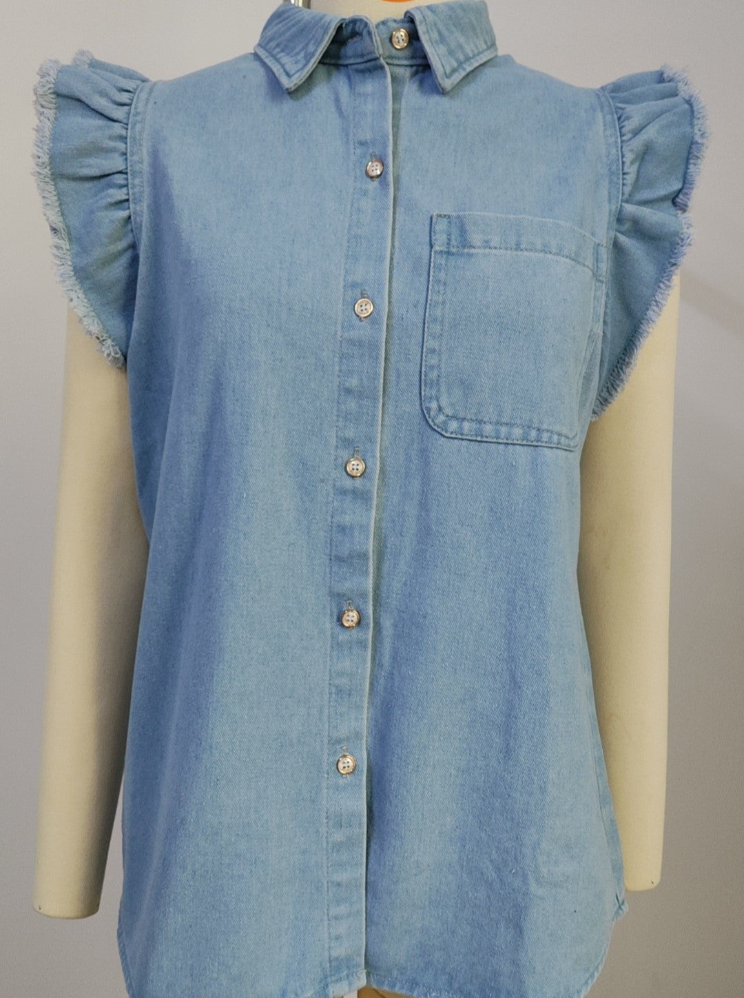 Ruffle Sleeve Denim Button Down Shirt - Blue - 4