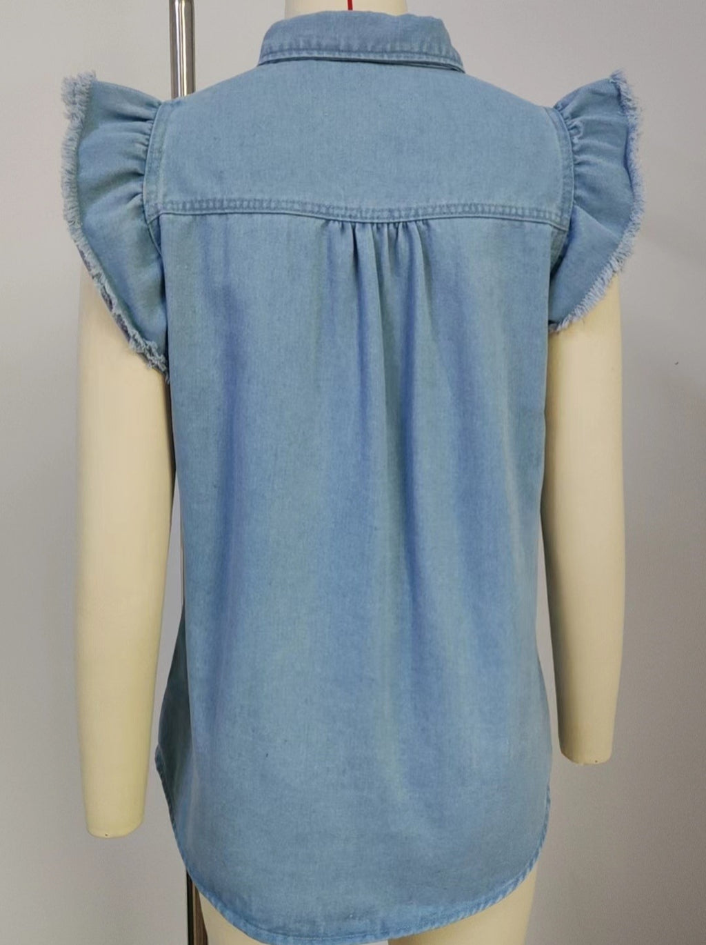 Ruffle Sleeve Denim Button Down Shirt - Blue - 5