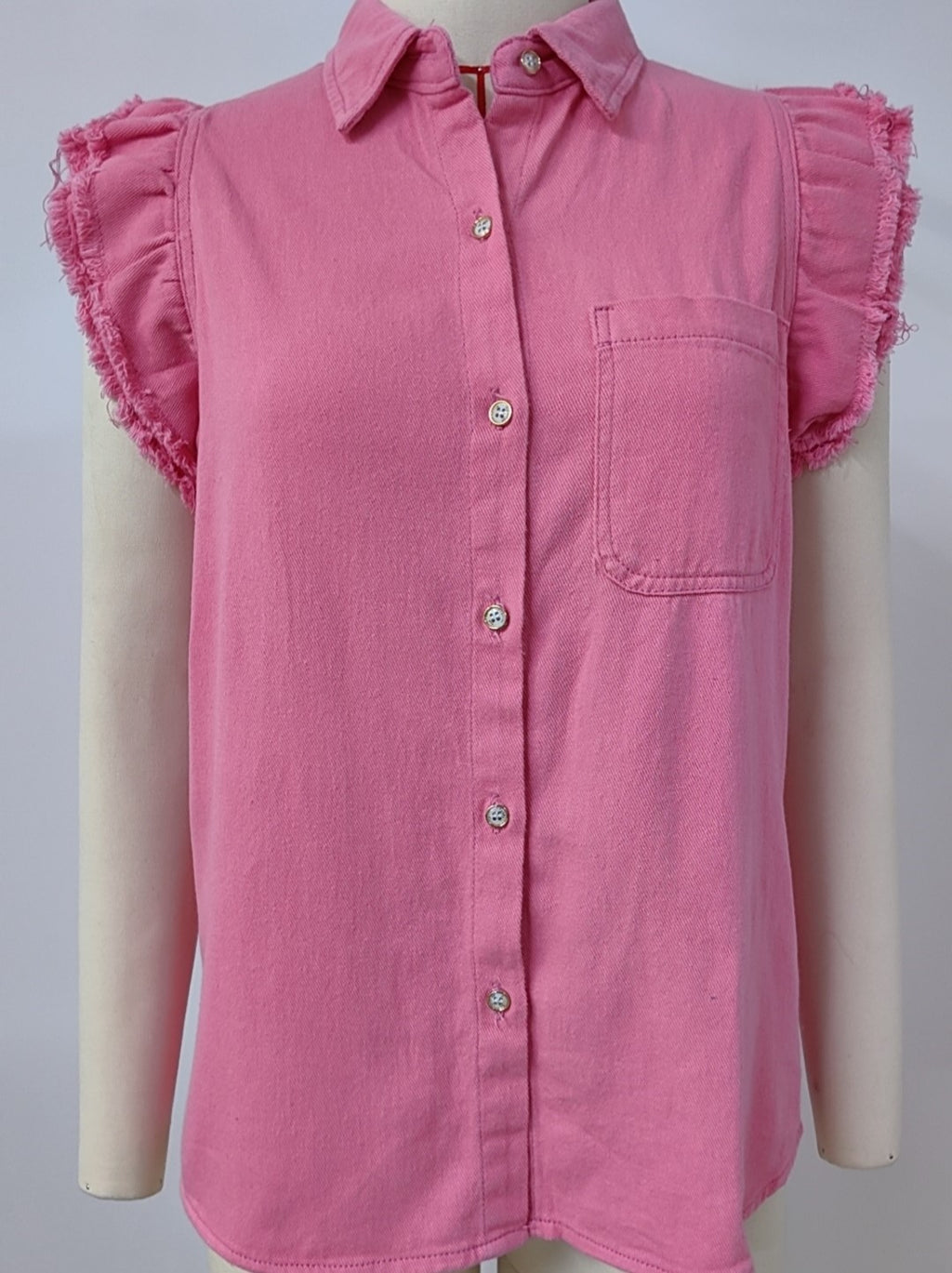 Ruffle Sleeve Denim Button Down Shirt - Pink - 2