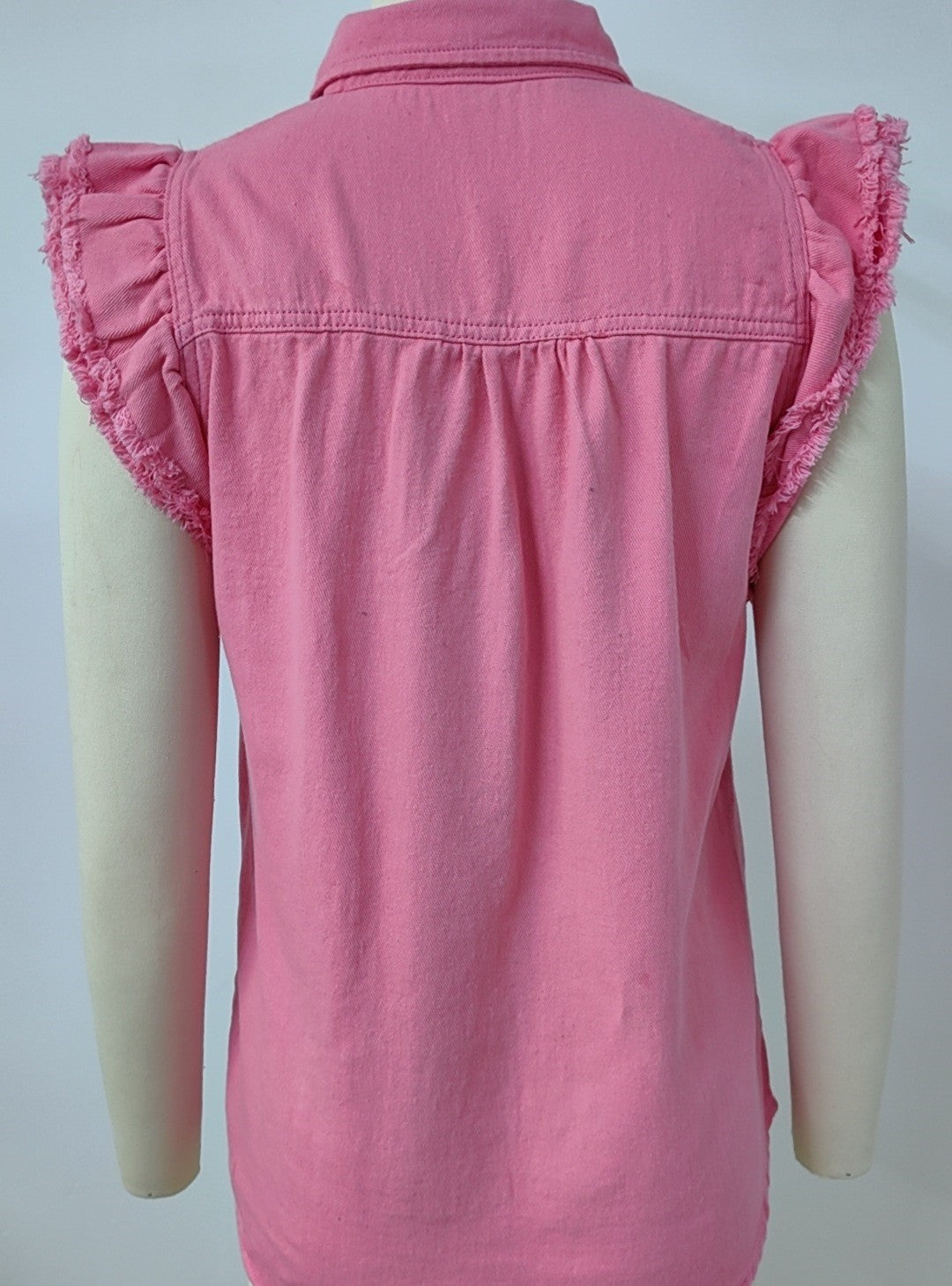 Ruffle Sleeve Denim Button Down Shirt - Pink - 3