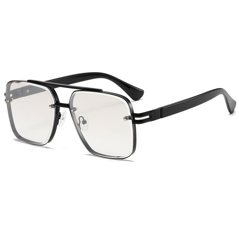 Rimless Double Bar Square Aviator Sunglasses - Black_1
