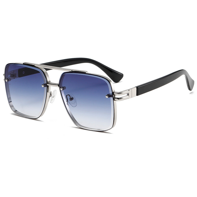Rimless Double Bar Square Aviator Sunglasses - Blue
