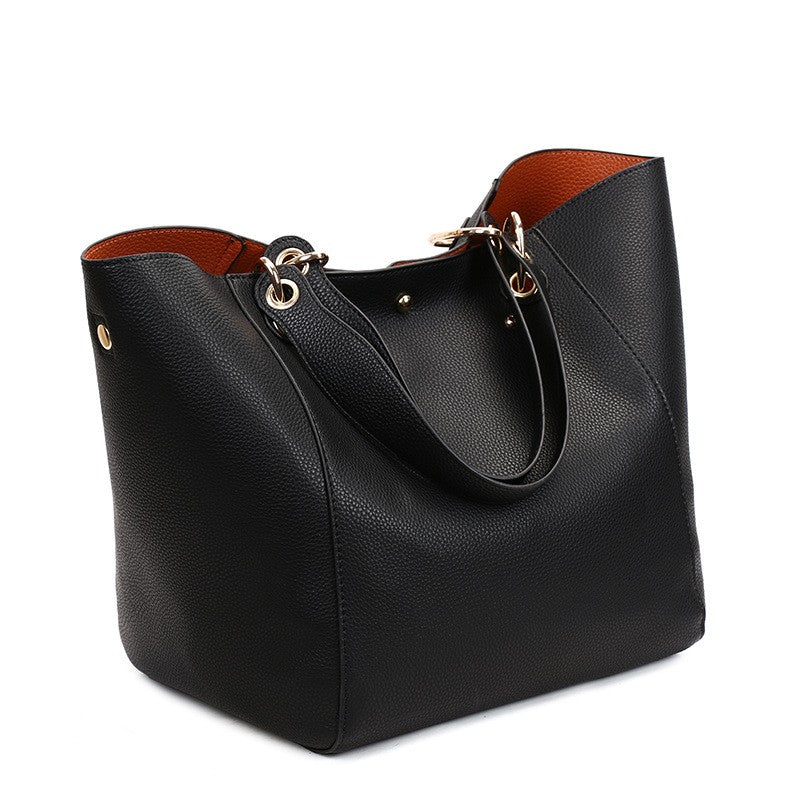 Pebbled Faux Leather Bucket Tote with Pouch - Black
