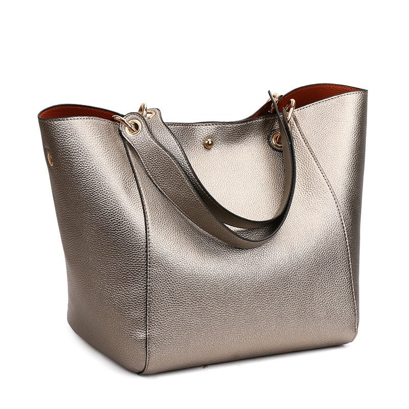 Pebbled Faux Leather Bucket Tote with Pouch - Bronze