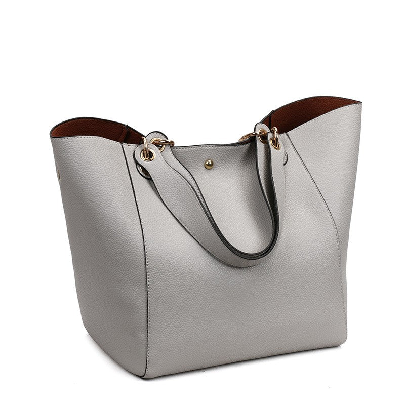 Pebbled Faux Leather Bucket Tote with Pouch - Gray