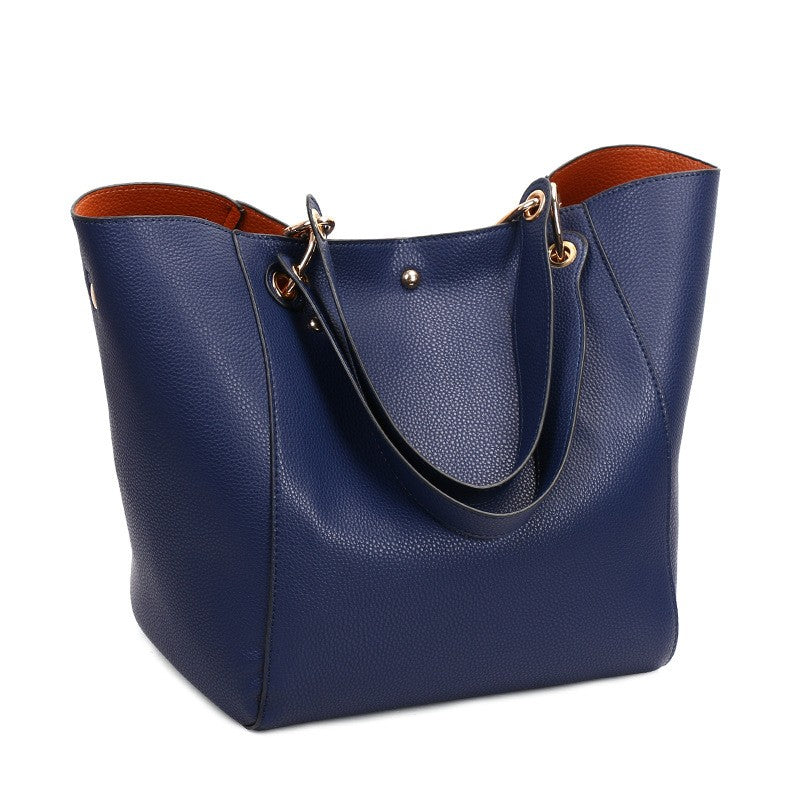 Pebbled Faux Leather Bucket Tote with Pouch - Navy