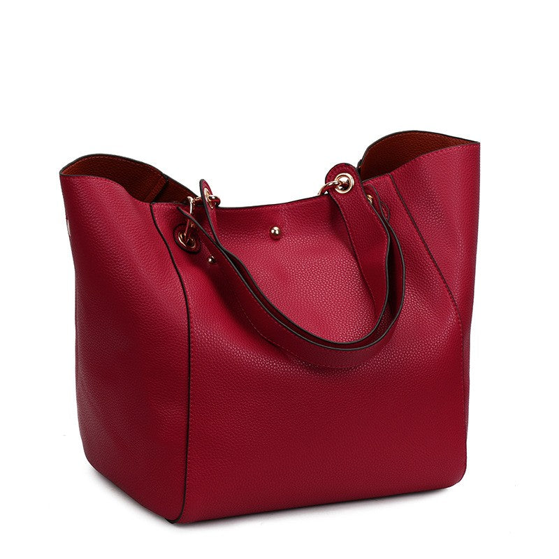 Pebbled Faux Leather Bucket Tote with Pouch - Red