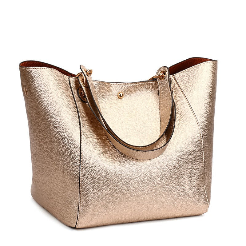 Pebbled Faux Leather Bucket Tote with Pouch - Rose Gold