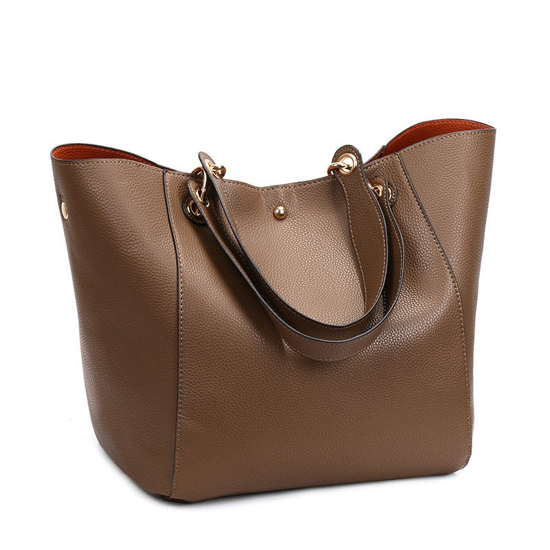 Pebbled Faux Leather Bucket Tote with Pouch - Taupe