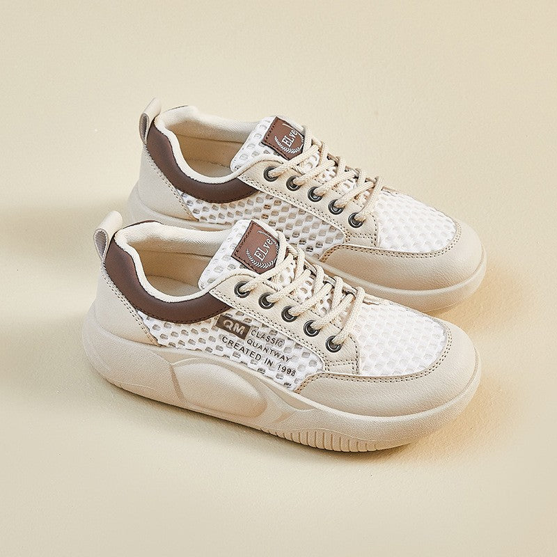 Mesh Panel Platform Lace-Up Sneakers - Brown Trim