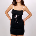 Ruched Bodycon Mini Dress With Ribbon Bow - Black