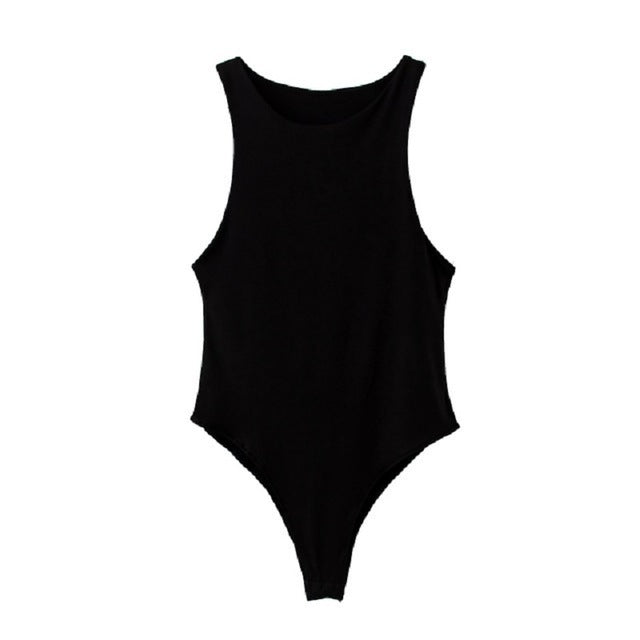 Sleeveless High Neck Ribbed Basic Bodysuit - Black