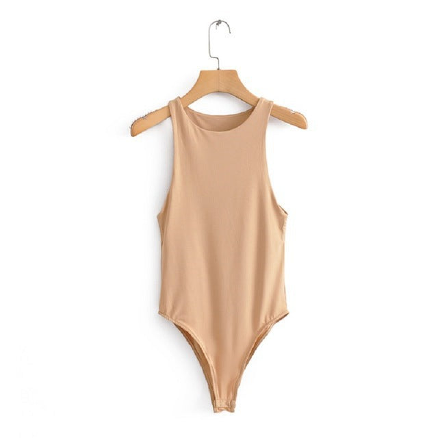 Sleeveless High Neck Ribbed Basic Bodysuit - Khaki