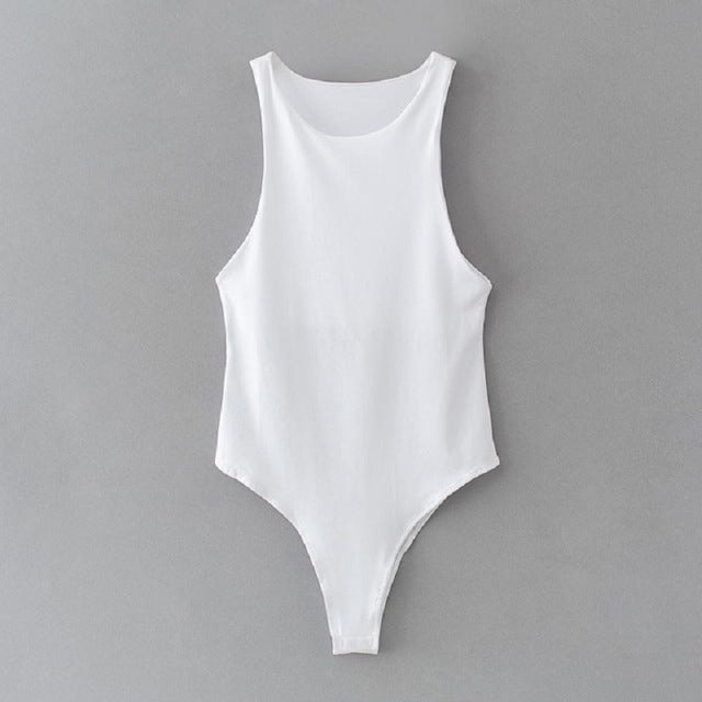 Sleeveless High Neck Ribbed Basic Bodysuit - White