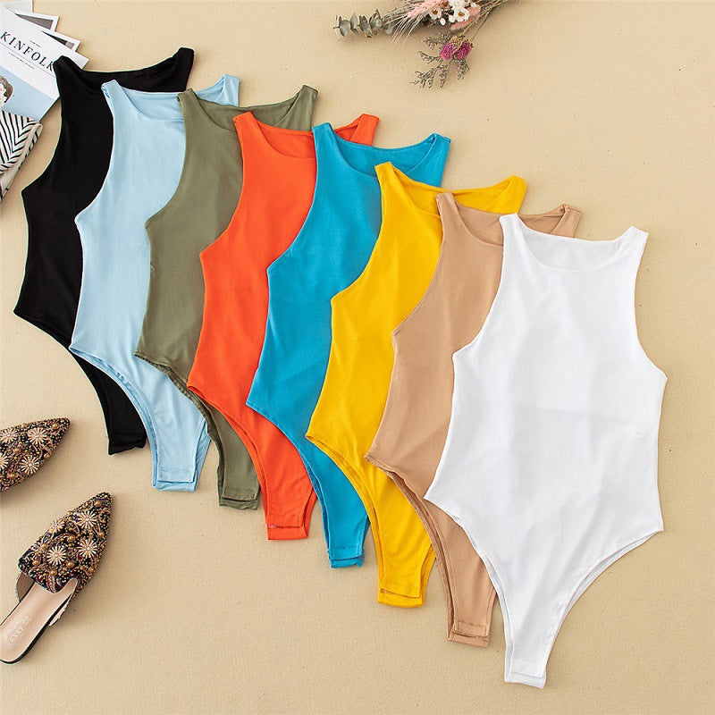 Sleeveless High Neck Ribbed Basic Bodysuit - Yellow