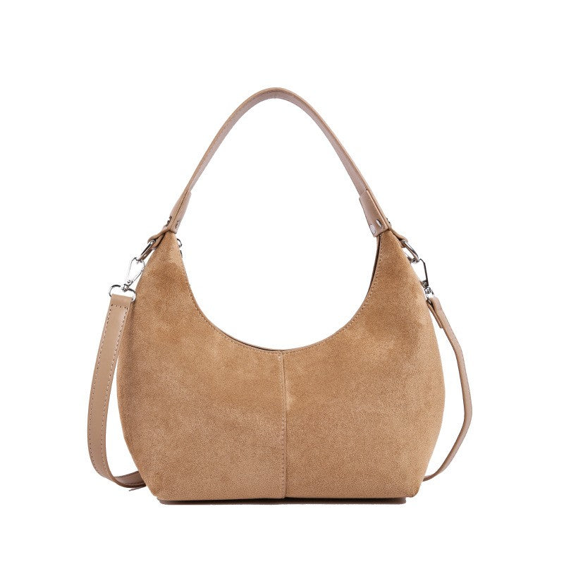 Faux Suede Crescent Hobo Shoulder Bag - Camel