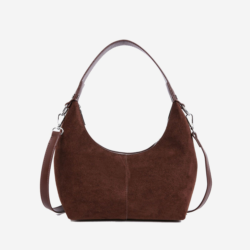 Faux Suede Crescent Hobo Shoulder Bag - Chocolate