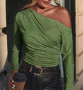 One Shoulder Ruched Long Sleeve Tee - Dgreen