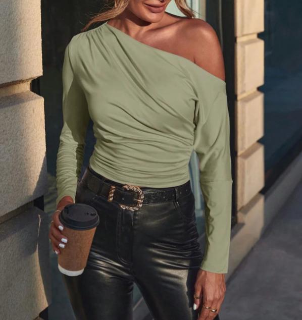One Shoulder Ruched Long Sleeve Tee - Green