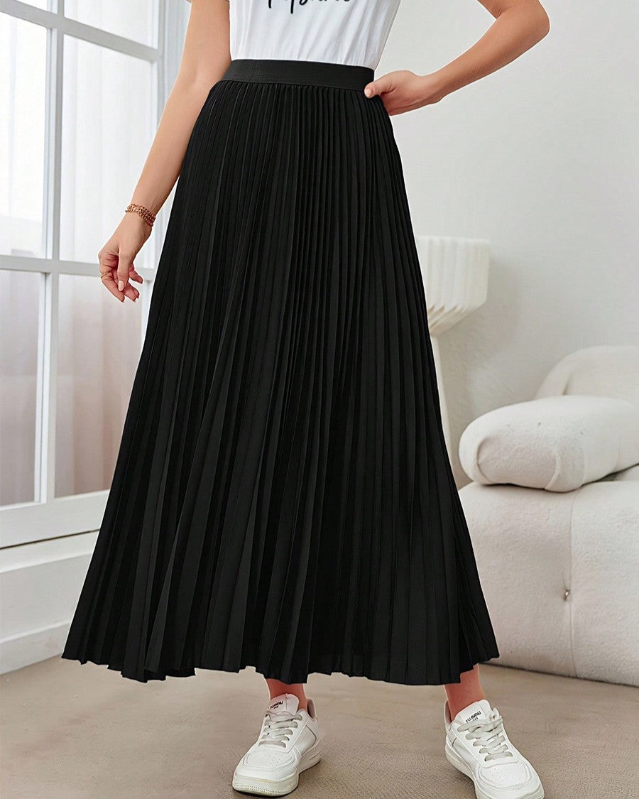 Accordion Pleated Maxi Swing Skirt - Black