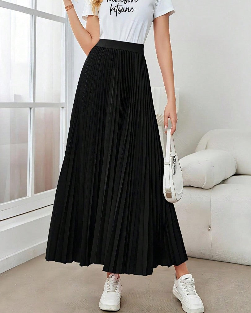 Accordion Pleated Maxi Swing Skirt - Black - 1