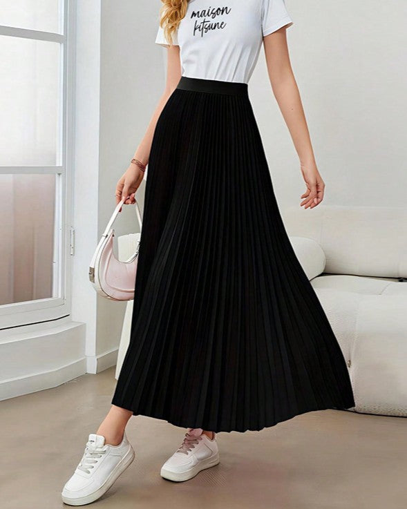 Accordion Pleated Maxi Swing Skirt - Black - 2