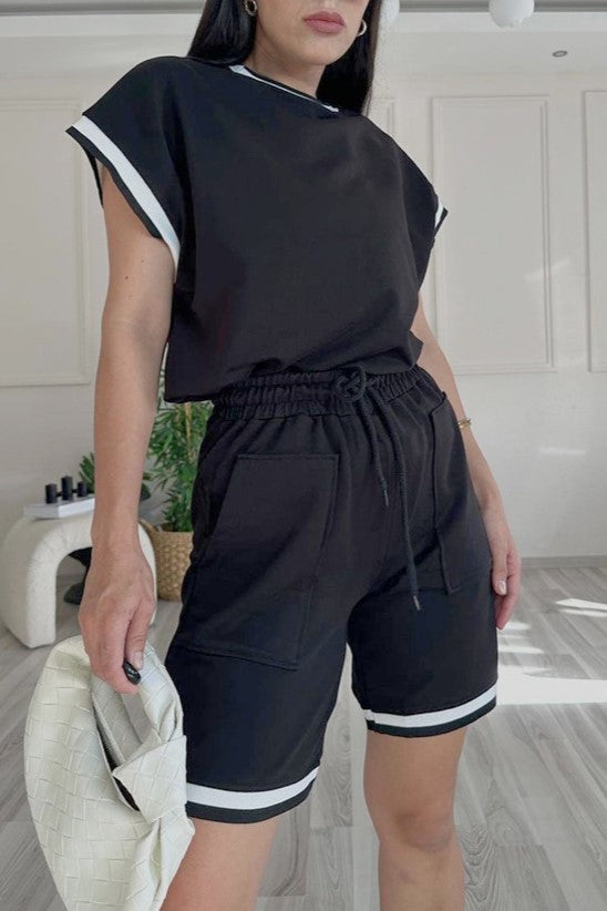 Ringer Trim Boxy Tee and Shorts Set - Black
