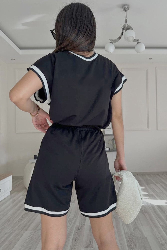 Ringer Trim Boxy Tee and Shorts Set - Black - 1