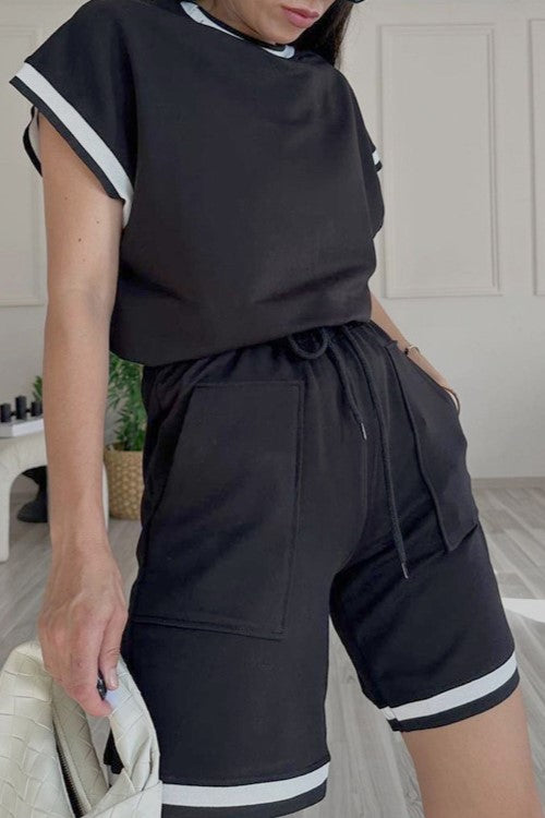 Ringer Trim Boxy Tee and Shorts Set - Black - 2