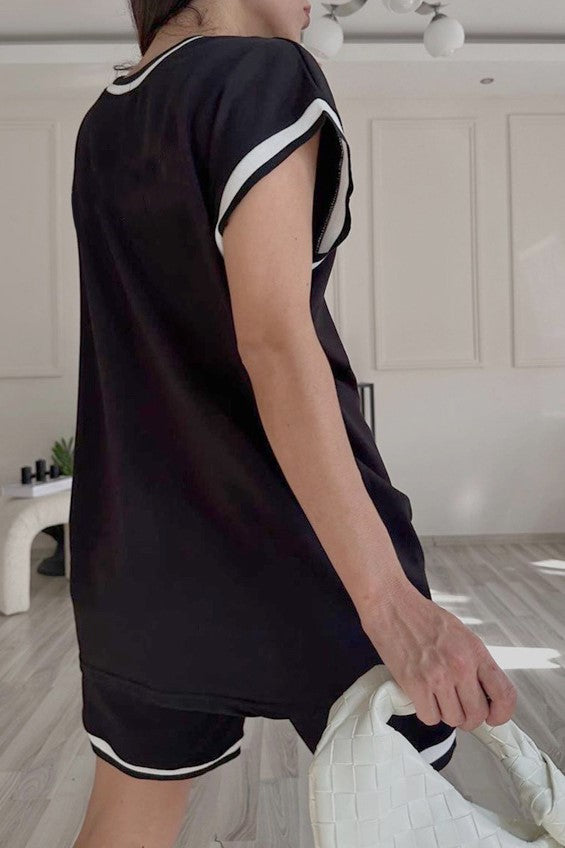 Ringer Trim Boxy Tee and Shorts Set - Black - 4