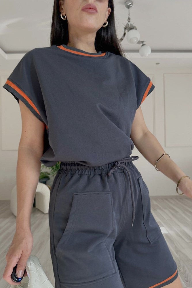 Ringer Trim Boxy Tee and Shorts Set - Dark gray - 1