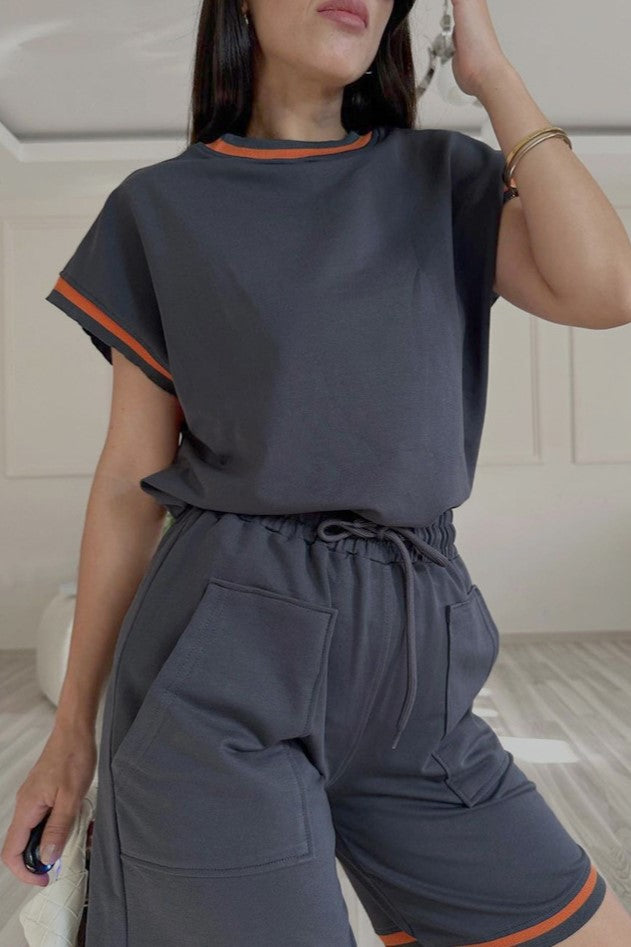 Ringer Trim Boxy Tee and Shorts Set - Dark gray - 2