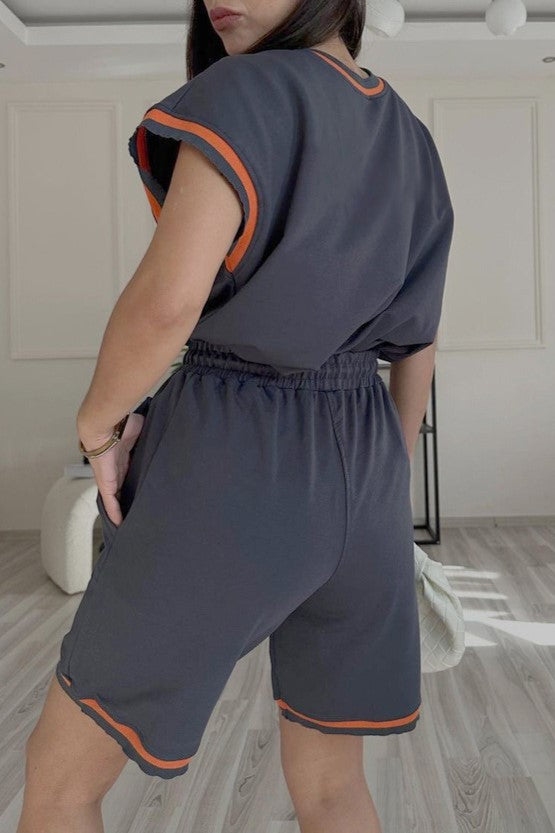 Ringer Trim Boxy Tee and Shorts Set - Dark gray - 3
