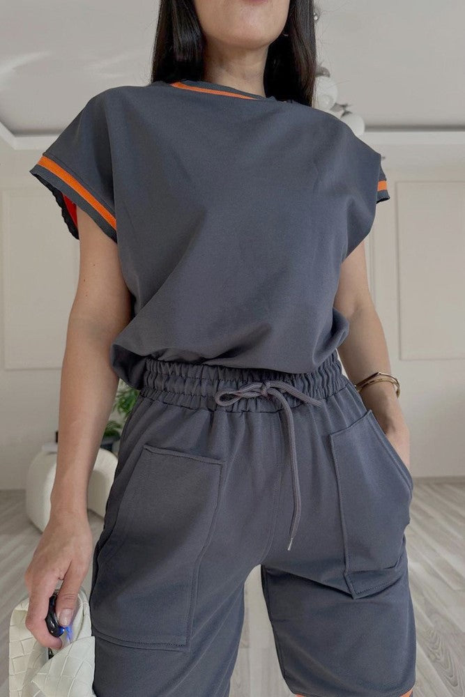 Ringer Trim Boxy Tee and Shorts Set - Dark gray - 5