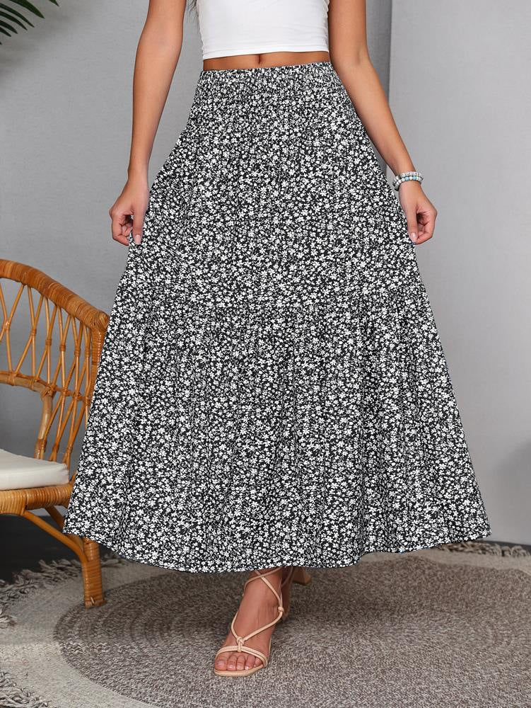 Boho Ditsy Floral Tiered Maxi Skirt - Black