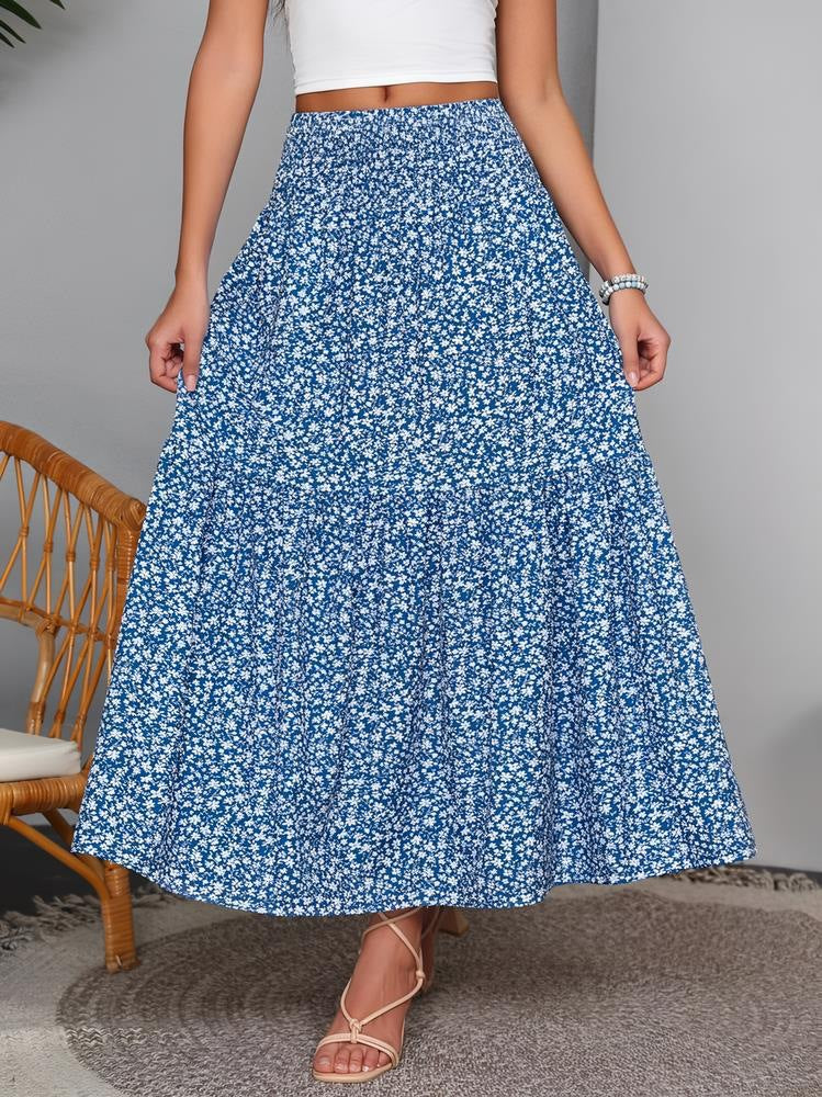 Boho Ditsy Floral Tiered Maxi Skirt - Blue - 1