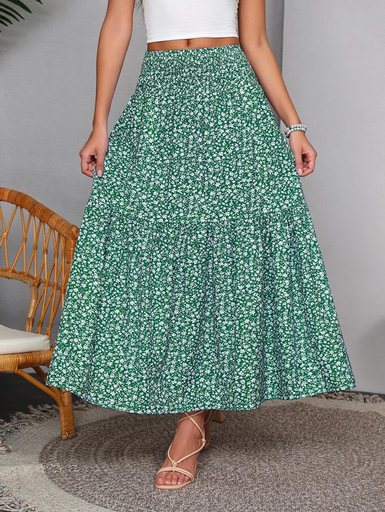 Boho Ditsy Floral Tiered Maxi Skirt - Green