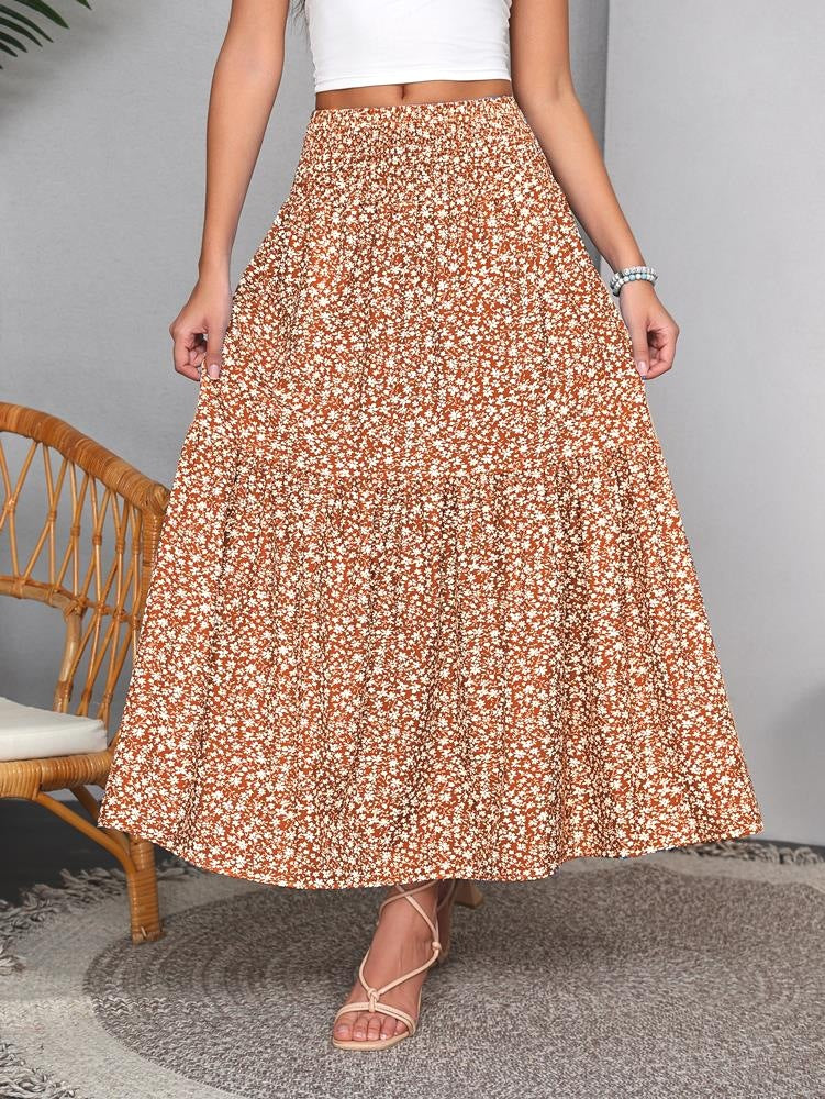 Boho Ditsy Floral Tiered Maxi Skirt - Orange