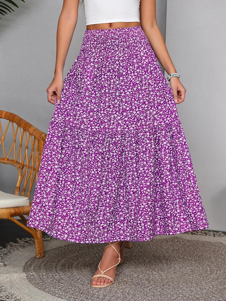 Boho Ditsy Floral Tiered Maxi Skirt - Purple