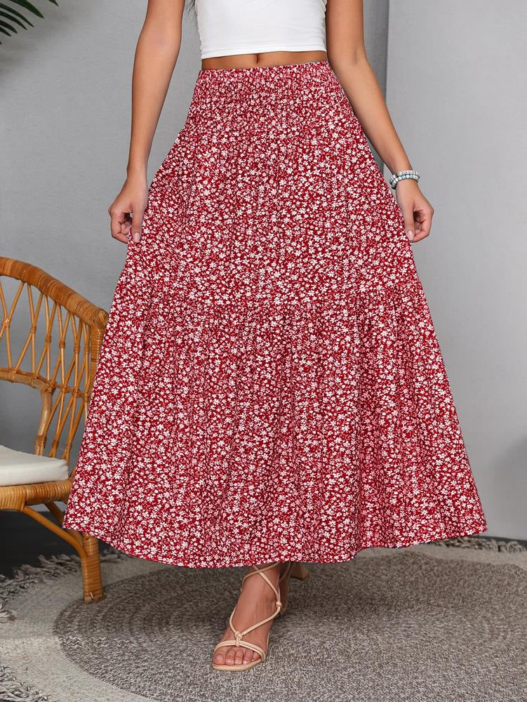 Boho Ditsy Floral Tiered Maxi Skirt - Red