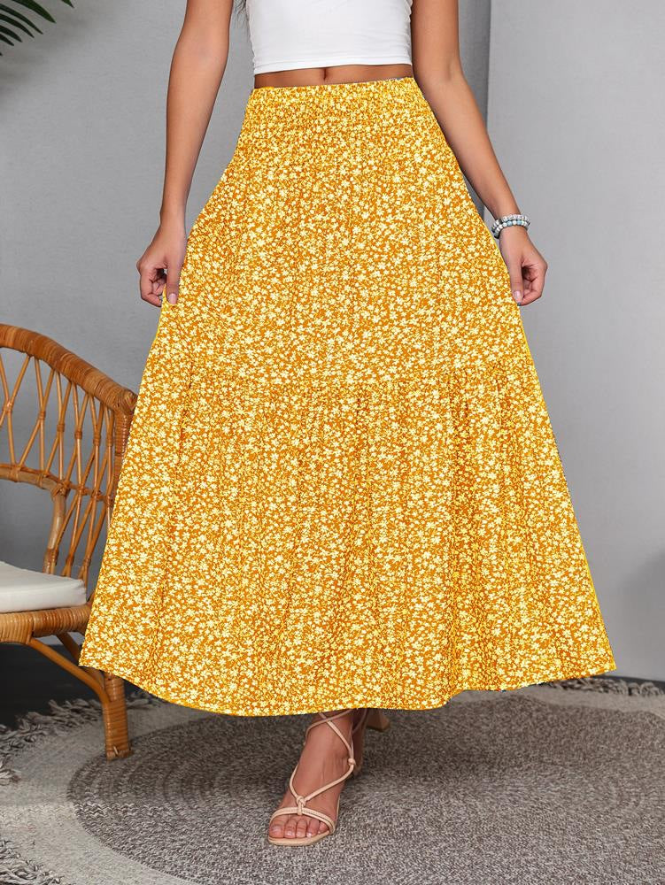Boho Ditsy Floral Tiered Maxi Skirt - Yellow