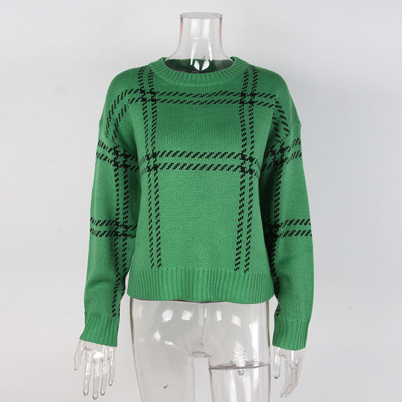 Windowpane Plaid Drop Shoulder Knit Sweater