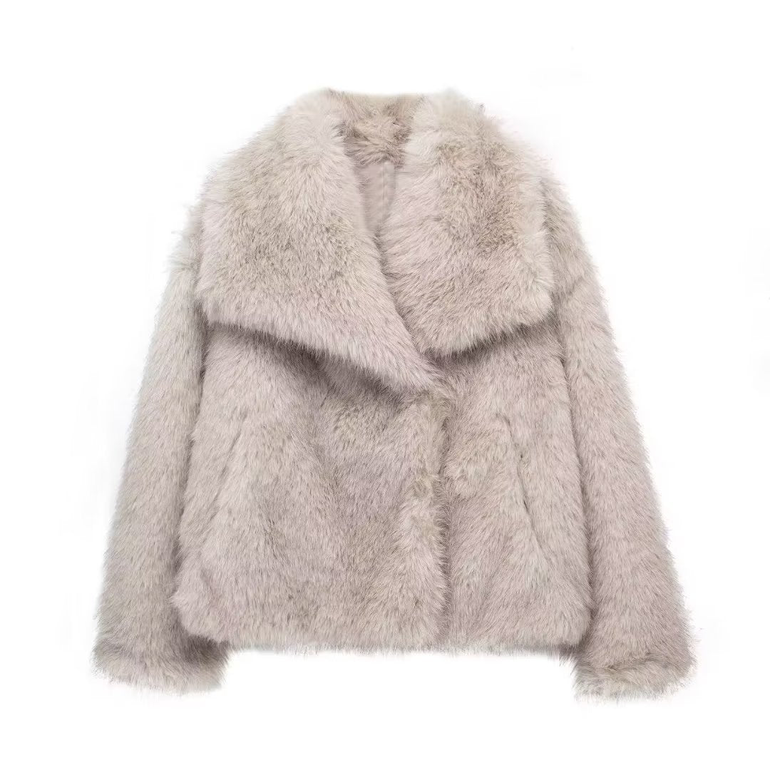 Plush Faux Fur Wide Lapel Cropped Coat - Beige