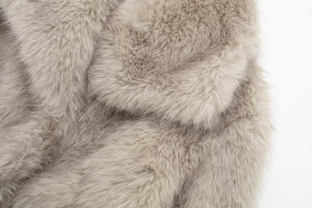 Plush Faux Fur Wide Lapel Cropped Coat - Beige - 7
