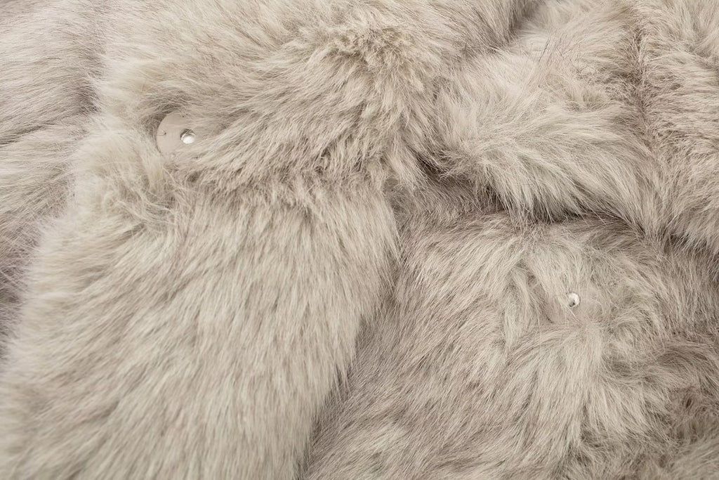 Plush Faux Fur Wide Lapel Cropped Coat - Beige - 9